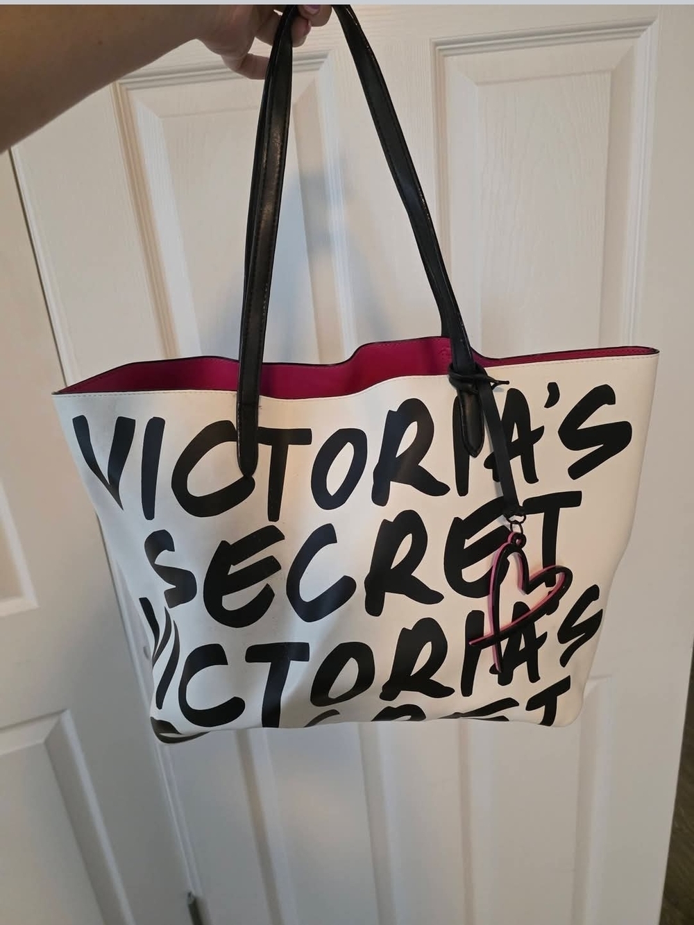 Victoria's Secret White & Black Logo Tote with Pink Interior